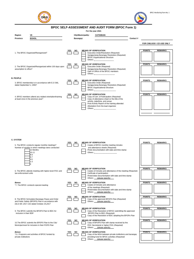 BPOC Self-Assessment Form 2021 | PDF