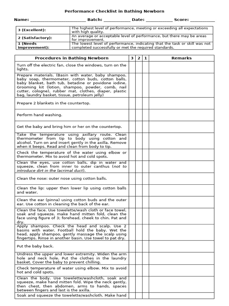 Performance Checklist in Bathing Newborn 10 - DOSIL | PDF