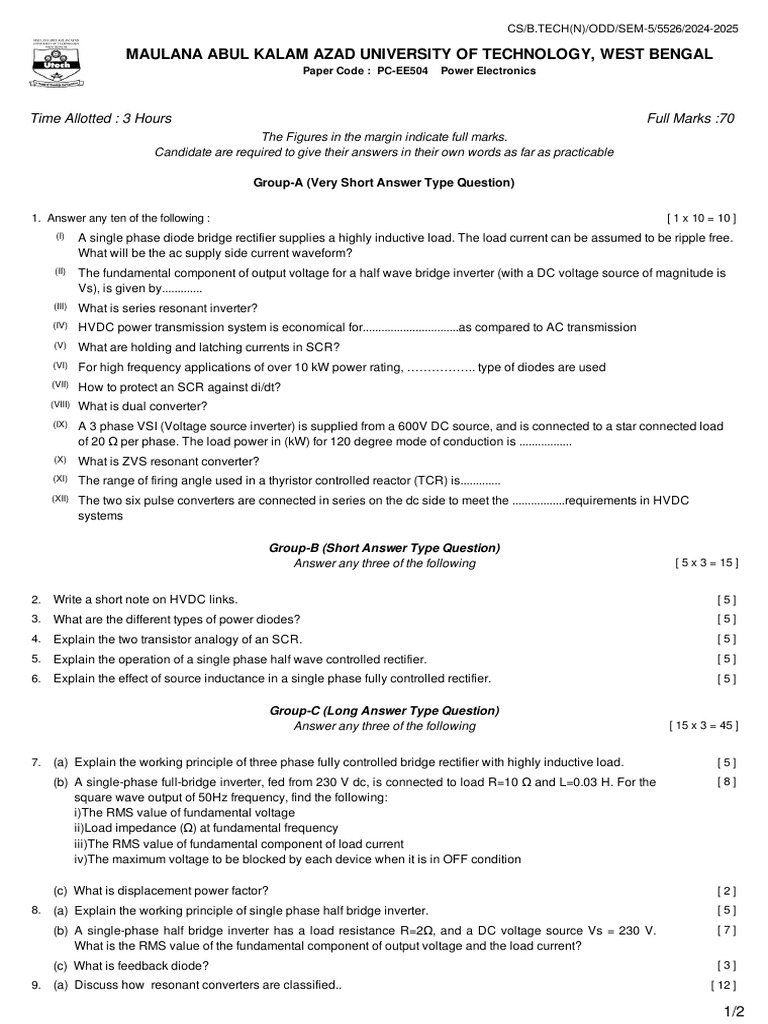 Power Electronics Exam Paper 2024-25 | PDF | Power Inverter | Rectifier
