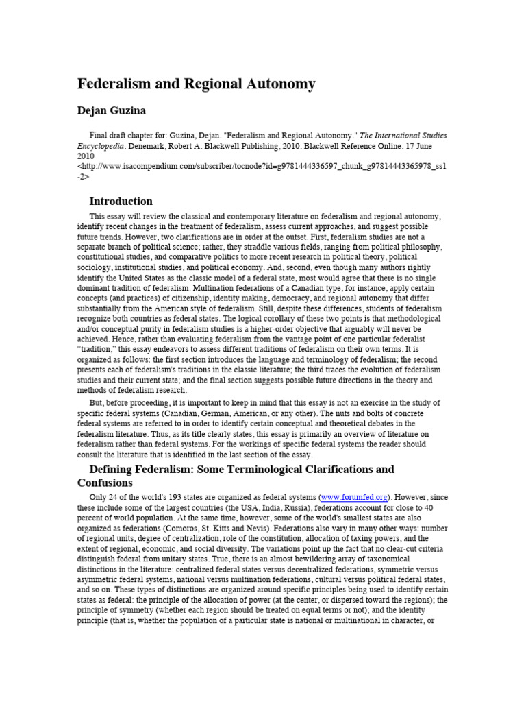 Overview of Federalism and Autonomy | PDF | Federalism | Federation