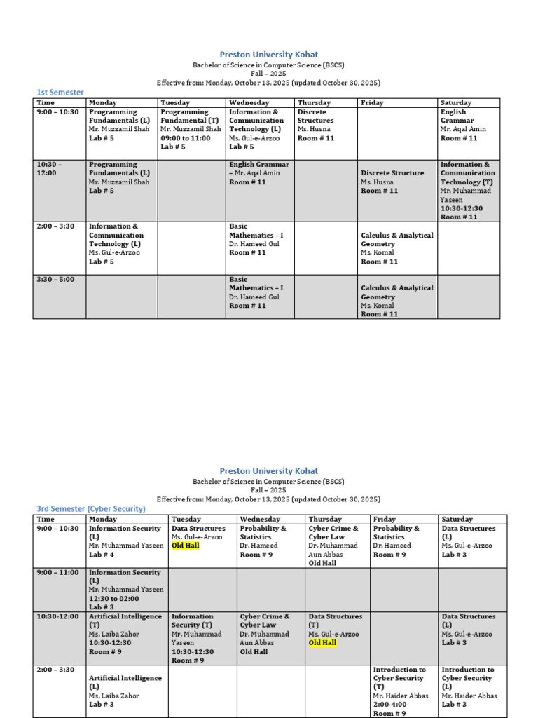 Preston University BSCS Fall 2025 Schedule | PDF | Information ...