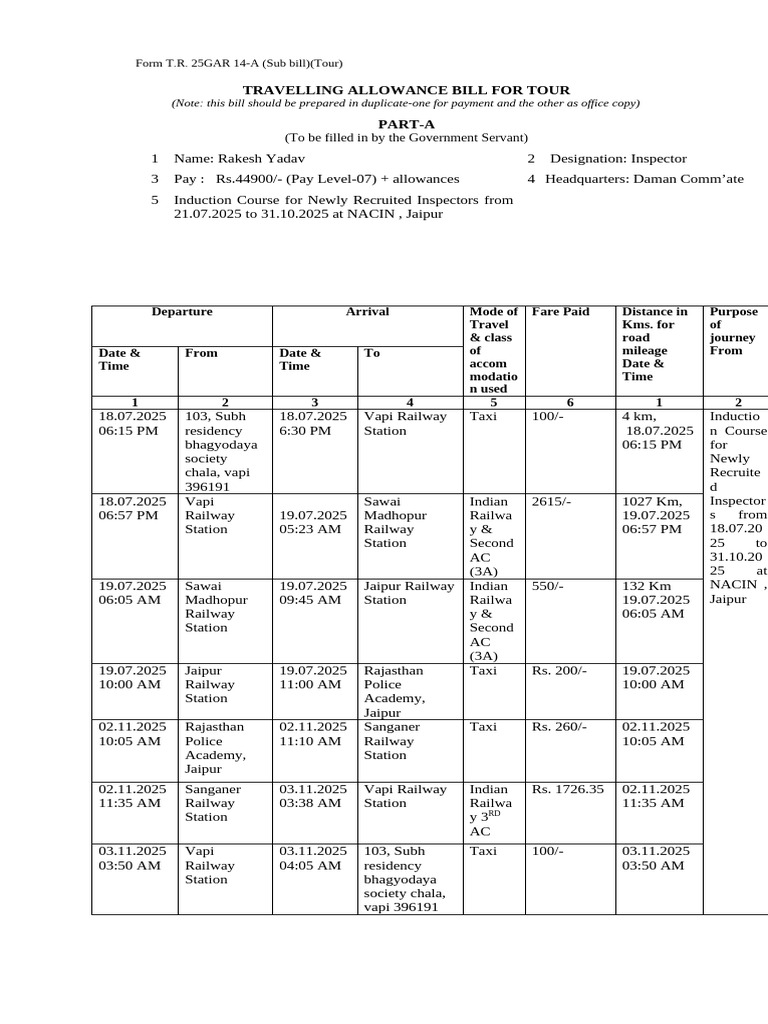 Travelling Allowance Bill for Inspectors | PDF | Transport