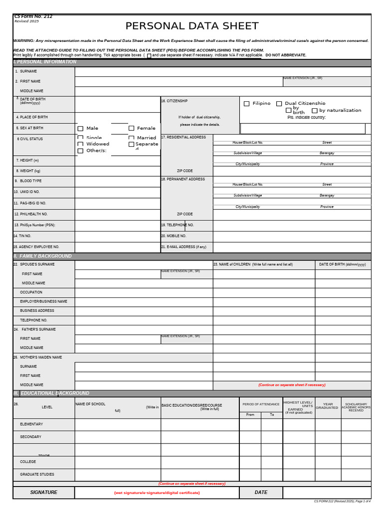 Personal Data Sheet Template 2025 | PDF | Government | Justice