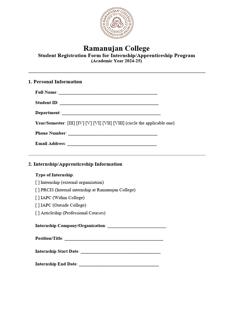 Ramanujan College Internship Registration Form | PDF