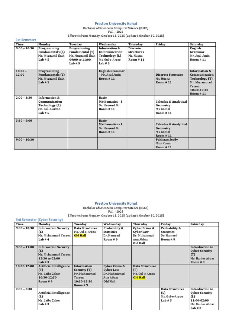 BSCSFinal Fall 2025 Timetable Updated 6nov25 | PDF | Computing