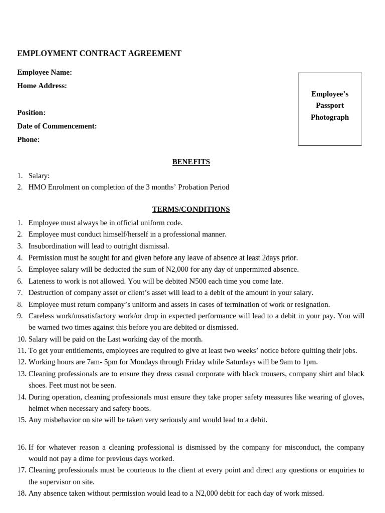 Employment Contract for Cleaning Professionals | PDF | Employment | Salary