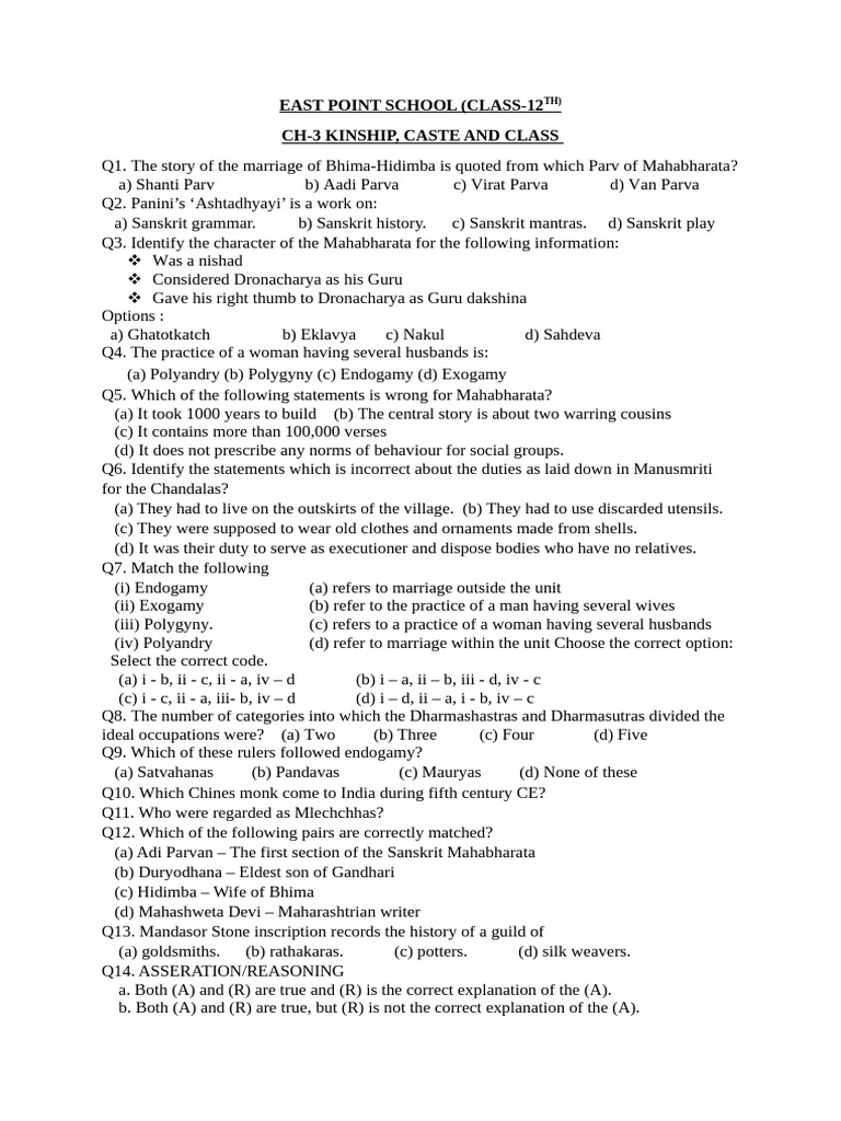 East Point School (Class-12 Ch-3 Kinship, Caste and Class | PDF ...