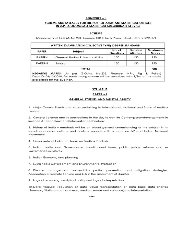 Assistant Statistical Officer Exam Syllabus | PDF | Cost Of Living | Mean