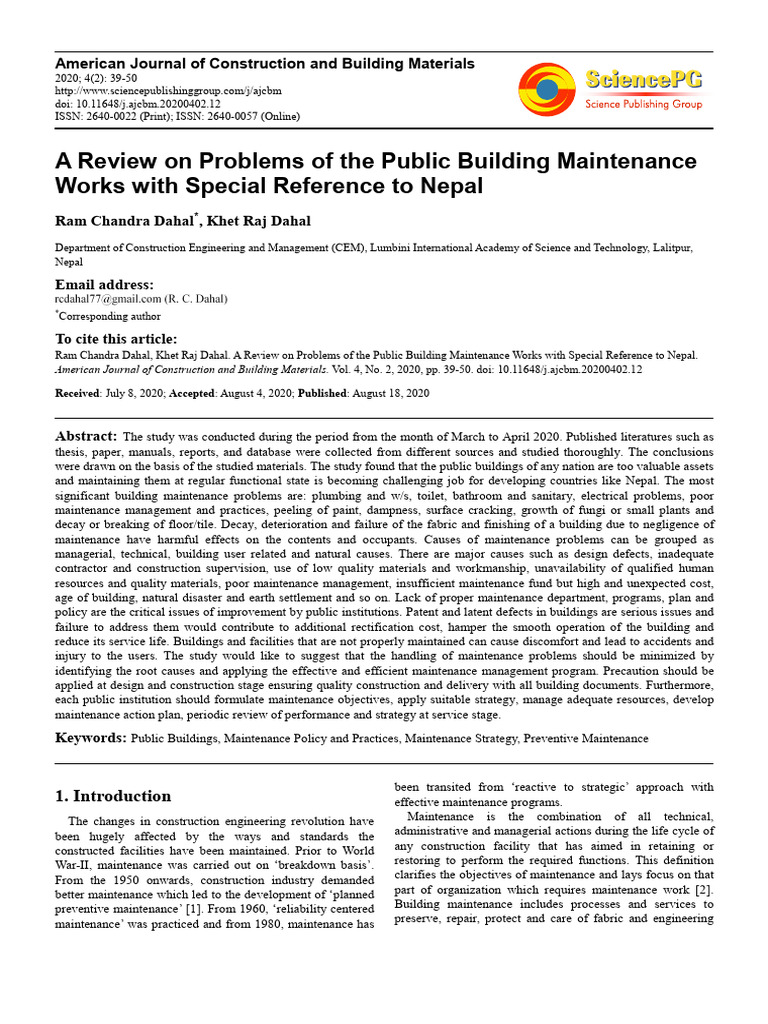 2020 A Review On Problems of The Public Building Maintenance Works With ...