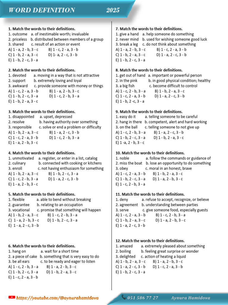 9 Cu Sinif Word Definition-6-2025 | PDF | Psychological Concepts ...