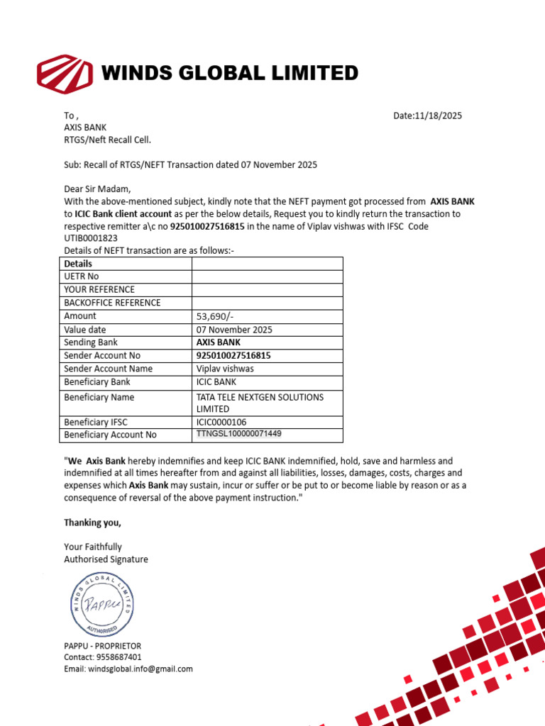 NEFT Transaction Recall Request Letter | PDF
