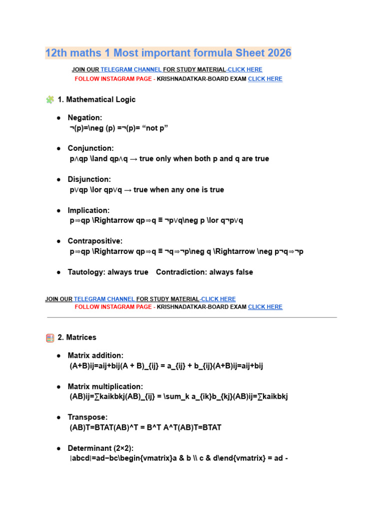 12th Maths 1 Most Imp Formula 2026 KRISHNA DATKAR BOARD EXAM | PDF ...