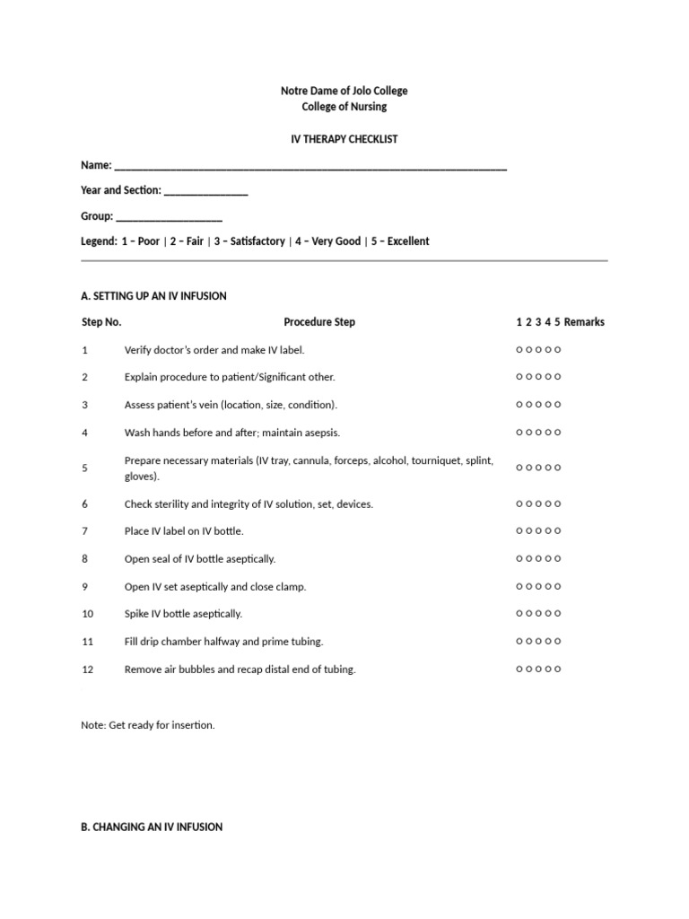 IV Therapy Checklist for Nursing Students | PDF | Intravenous Therapy ...