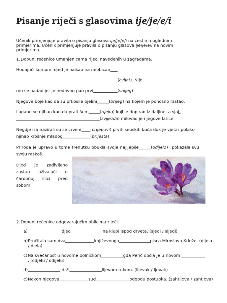 Pisanje Rijeci S Glasovima Ije Je e I | PDF