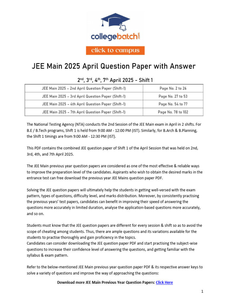 JEE Main 2025 April Question Papers PDF | PDF | Evaluation Methods ...