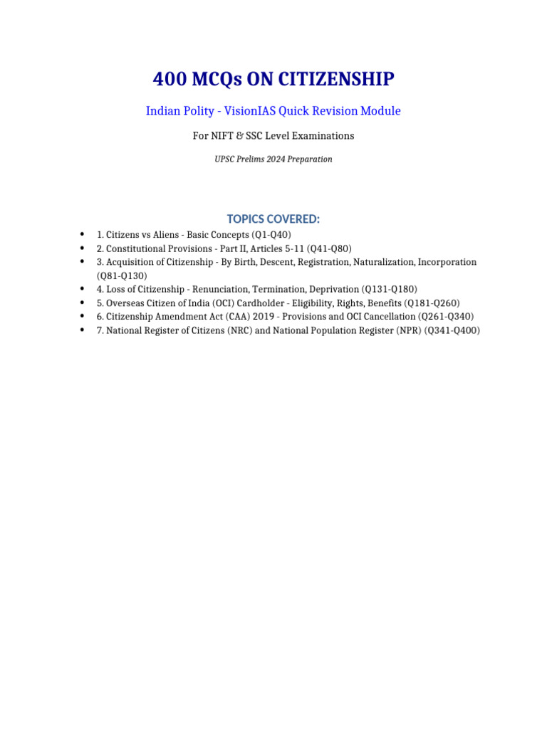 400 MCQs on Indian Citizenship Concepts | PDF | Naturalization ...
