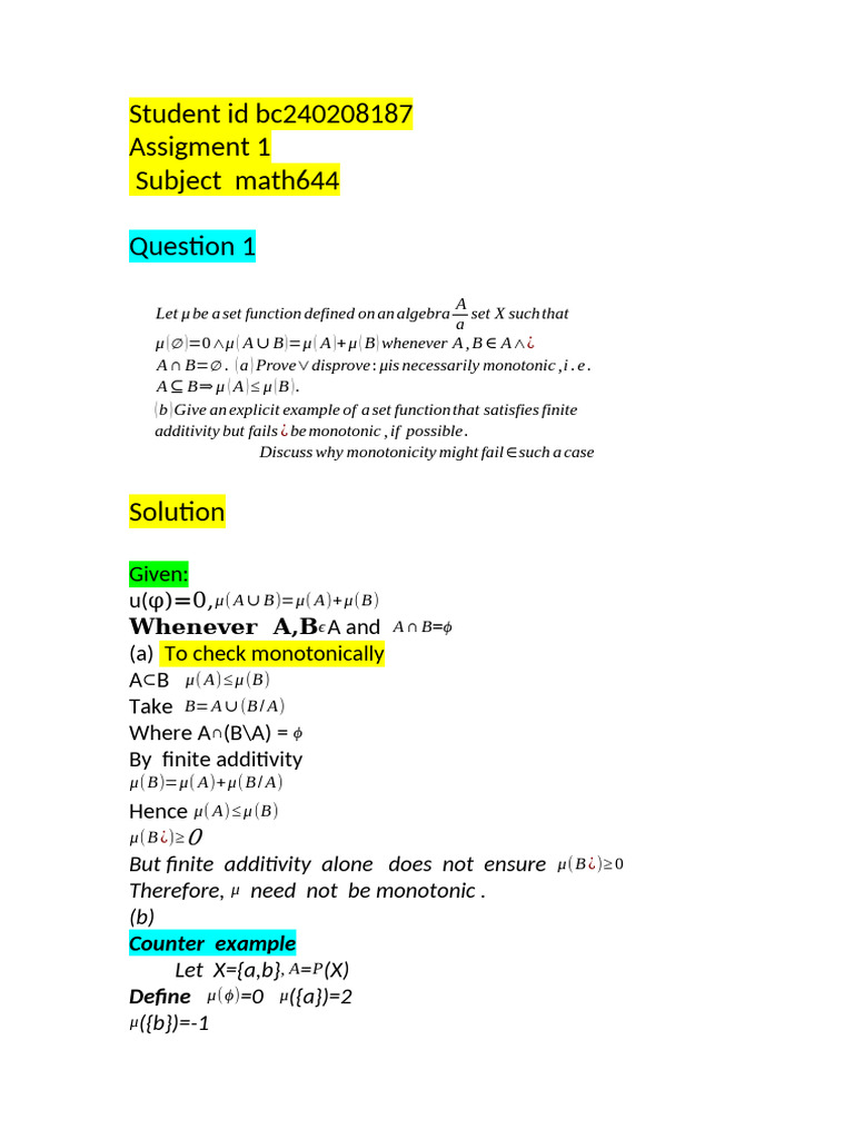 Let μ Be a Set Function Defined on an Algebra A | PDF
