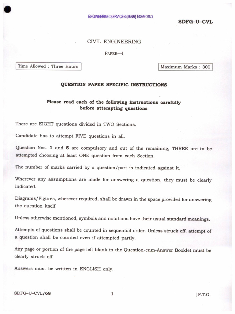QP Esem 23 Civil Engineering Paper I 250623 1 | PDF