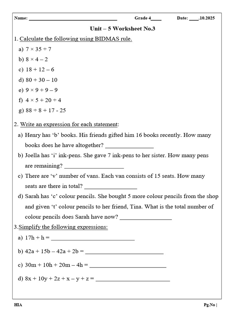 Grade 4 Math Worksheet: BIDMAS & Expressions | PDF