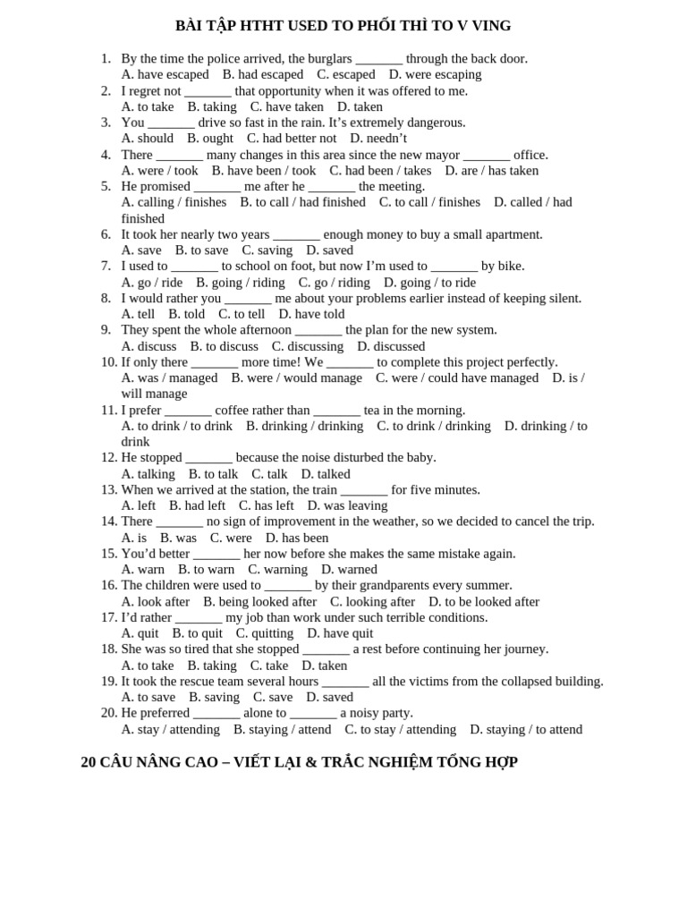 Bài Tập Htht Used to Phối Thì to v Ving | PDF