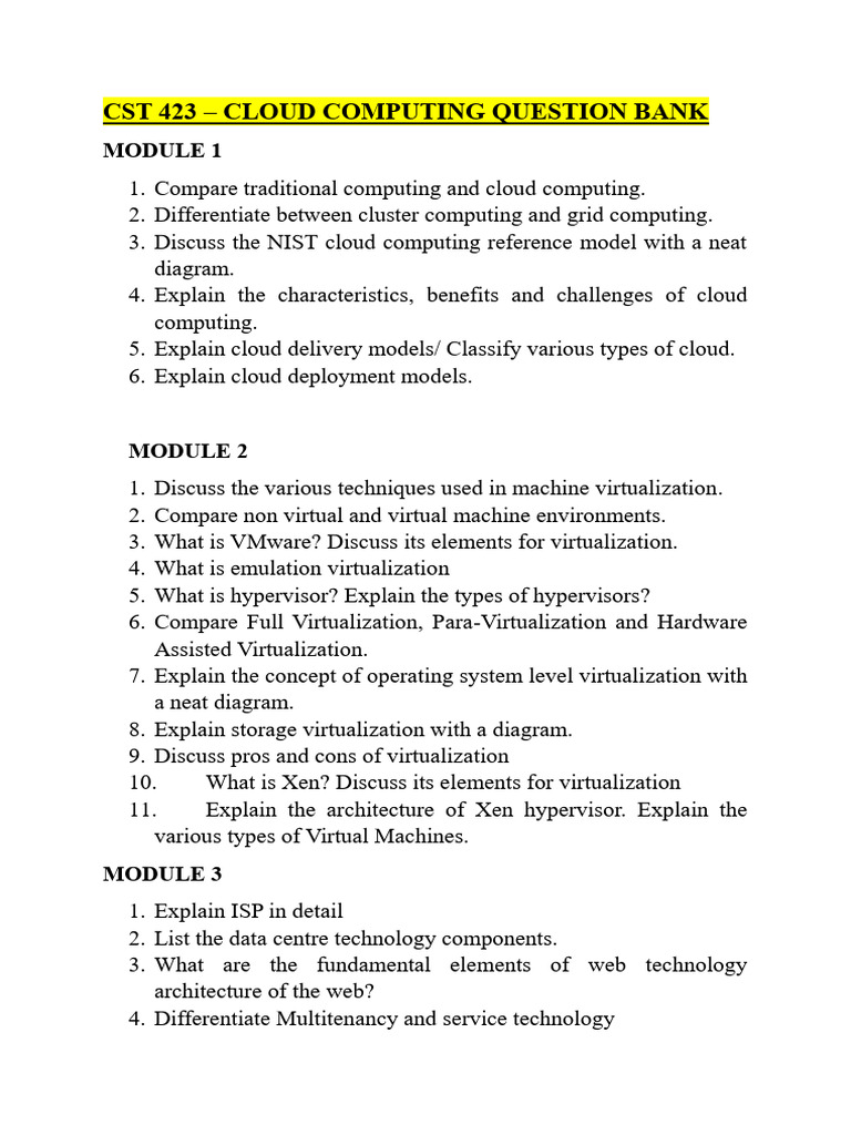 Cloud Computing Question Bank Guide | PDF | Virtualization | Cloud ...