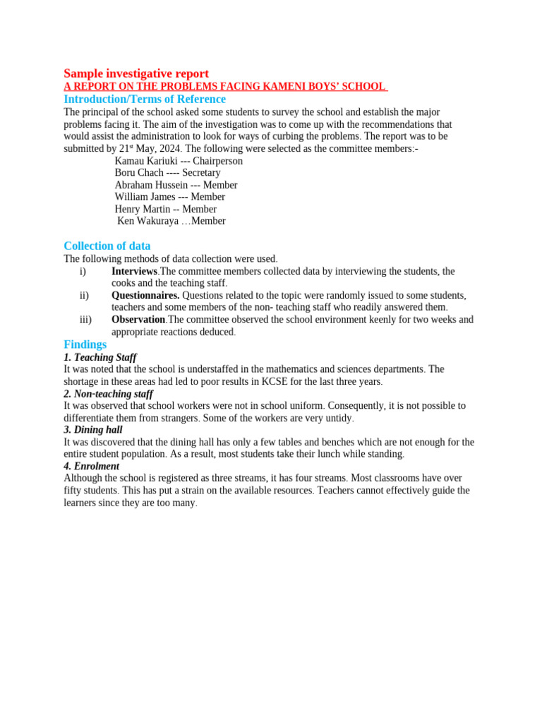 Investigative Report on Kameni Boys' School Issues | PDF | Teachers ...