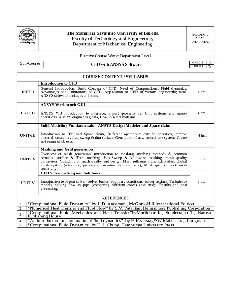 CFD Course Syllabus with ANSYS 2023-24 | PDF | Computational Fluid ...