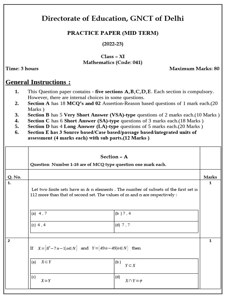 Class XI Mathematics Mid Term Practice Paper | PDF | Multiple Choice ...
