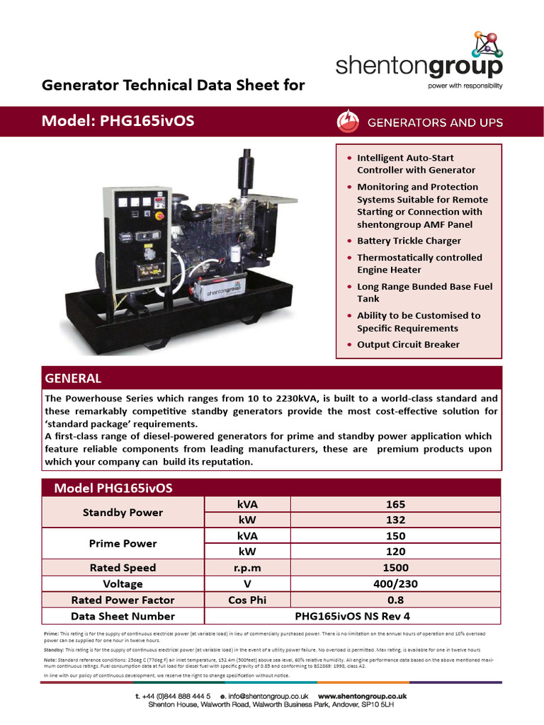 Phg165ivos Ns Data Sheet Rev 4 | PDF | Electric Generator | Diesel Engine