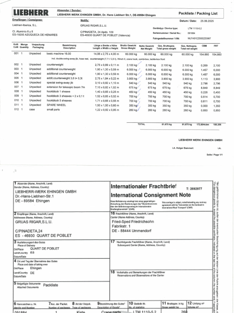 Nueva 110T - LTM1110-5.2 - Packing List y CMR Trailer | PDF