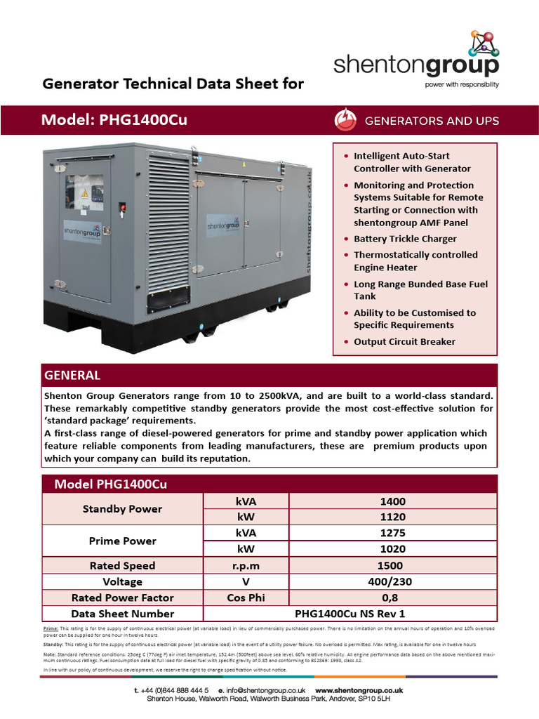 PHG1400Cu Generator Technical Data Sheet | PDF | Electric Generator ...