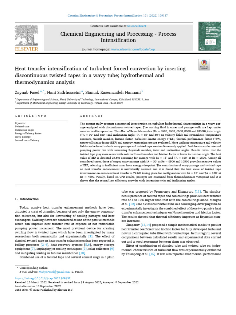 Heat Transfer Intensification of Turbulent Forced Convection by ...