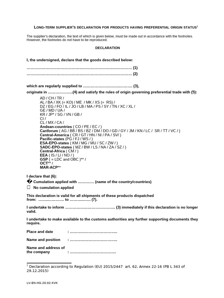 Long-Term Supplier Declaration Template | PDF | International Economic ...