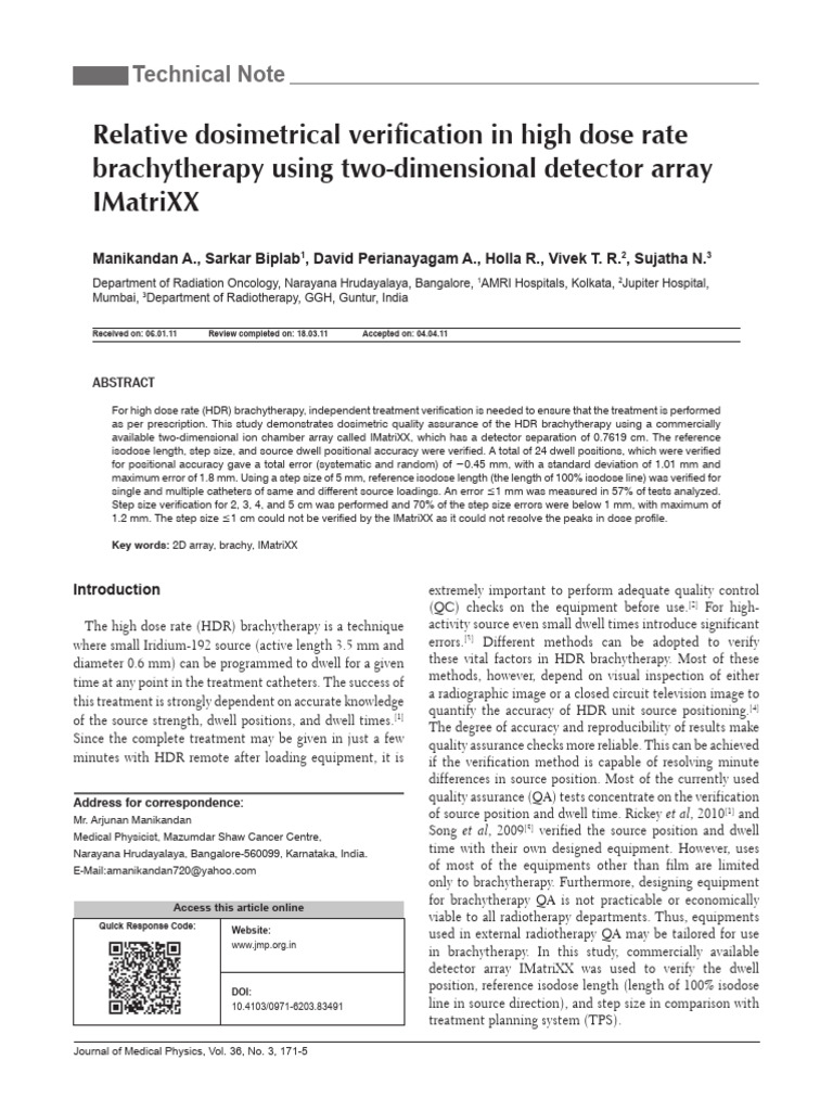 HDR Brachytherapy Dosimetry Verification | PDF | Radiation Therapy ...