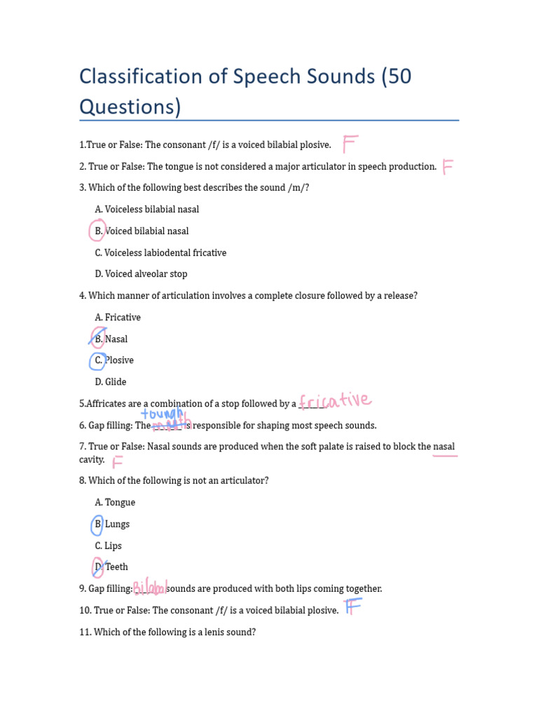 Speech Sound Classification Quiz | PDF | Phonetics | Human Voice