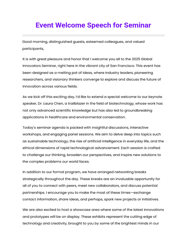 Welcome Speech for Global Innovators Seminar | PDF | Innovation ...