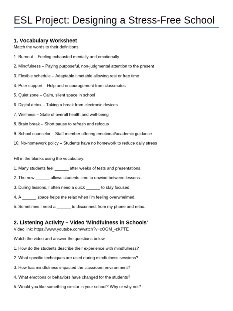Stress Free School ESL Project | PDF