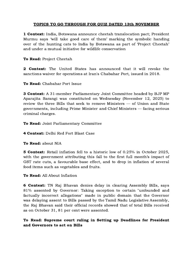 Topics to Go Through for Quiz Dated 13th November | PDF