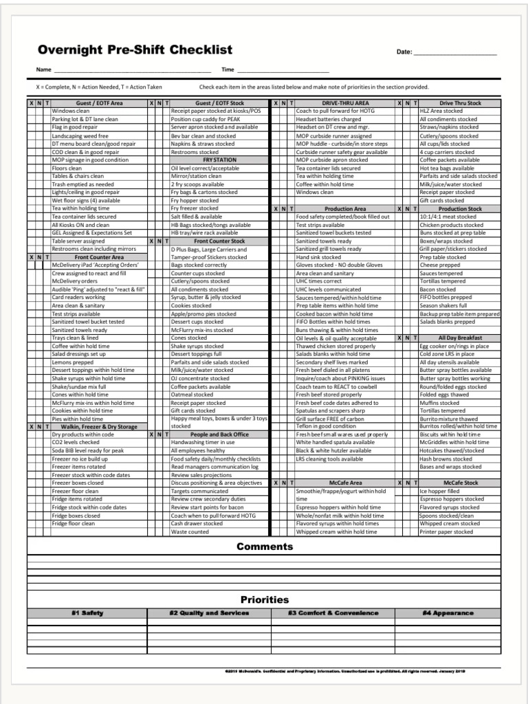 Overnight Preshift Checklist PDF Desserts Refrigerator | PDF ...