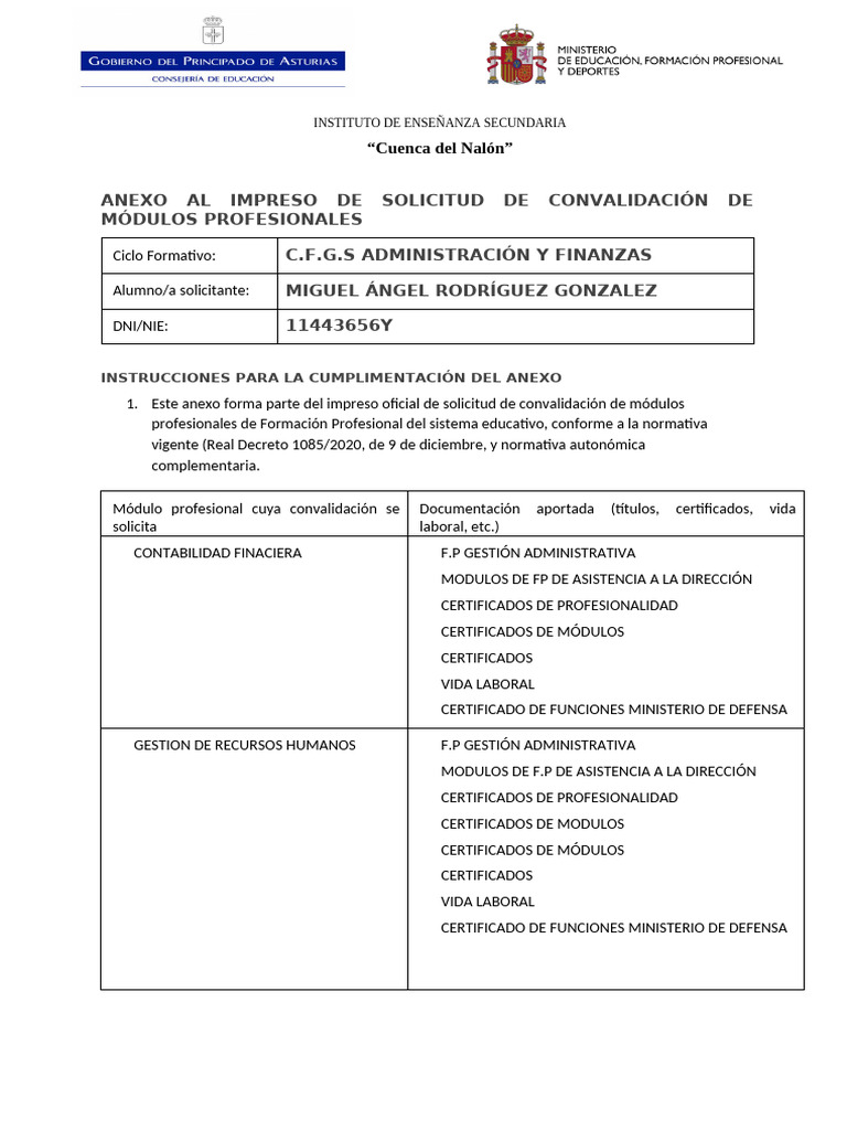 Solicitud de Convalidación de Módulos FP | PDF | Educación vocacional ...