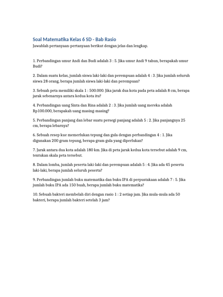 Soal Matematika Rasio Kelas 6 SD | PDF