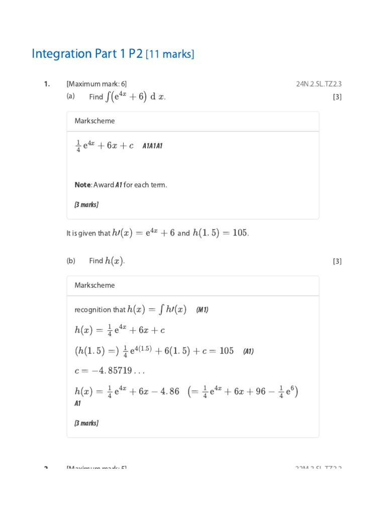 Integration Part 1 P2 Markscheme | PDF | Mathematical Relations | Graph ...