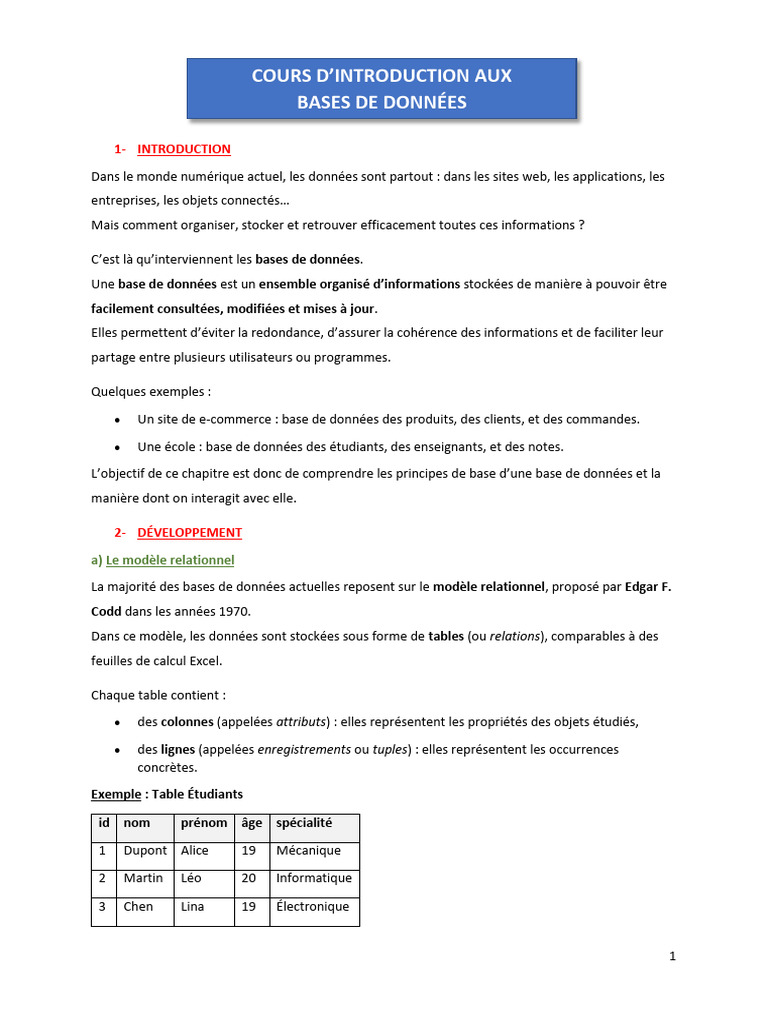 Introduction aux bases de données relationnelles | PDF | SQL | Bases de ...