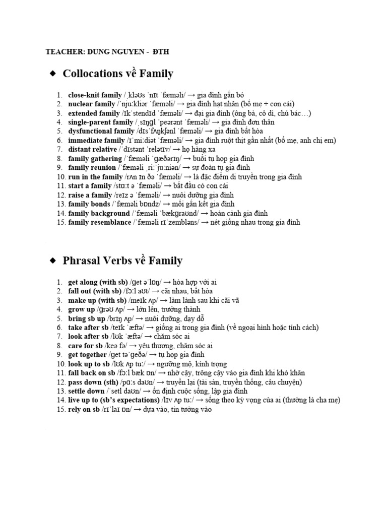 Family Collocations and Phrasal Verbs | PDF | Family | Vietnam