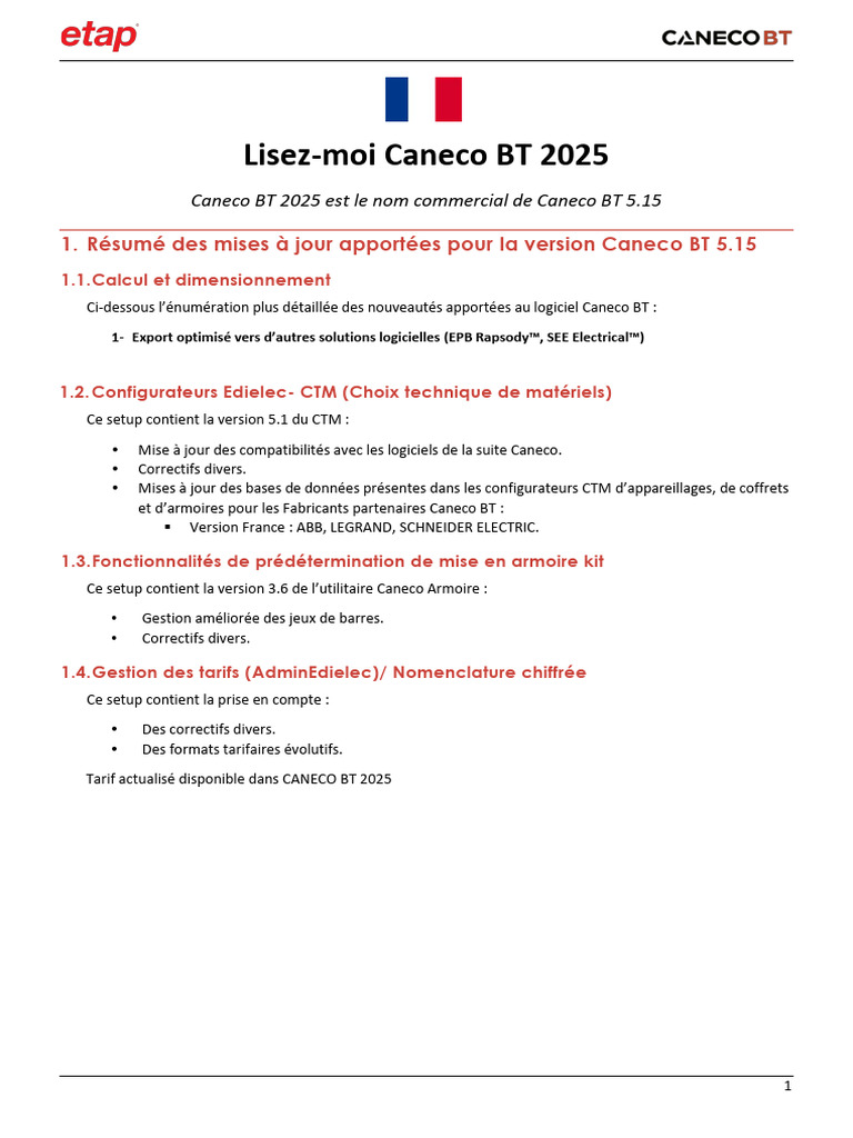 Mises à jour Caneco BT 2025 et 5.15 | PDF