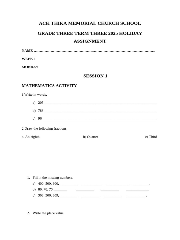 Grade 3 Holiday Assignment 2025 | PDF