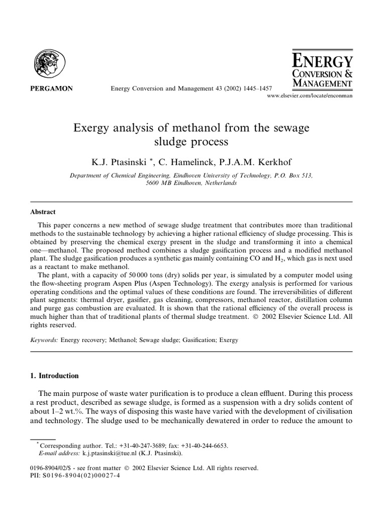 Exergy Analysis of Methanol from Sewage | PDF | Gasification | Methanol