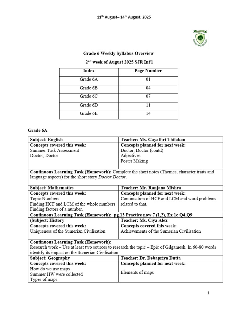 Grade 6 Weekly Syllabus: August 2025 | PDF | Grammatical Conjugation ...