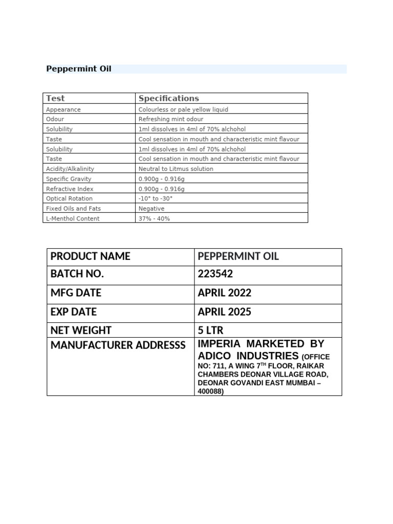 Pure Peppermint Oil Specifications | PDF