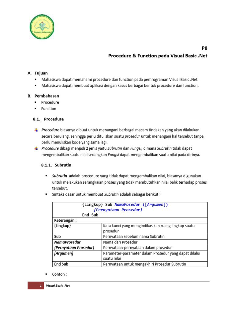 Procedure dan Function di Visual Basic .Net | PDF